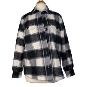 Free Assembly Wool Blend Classic Plaid ButtonUp Shirt Balloons Sleeve Light Coat
